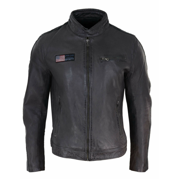 Real Leather Short Racing Mens Grey Jacket: Buy Online - Happy Gentleman