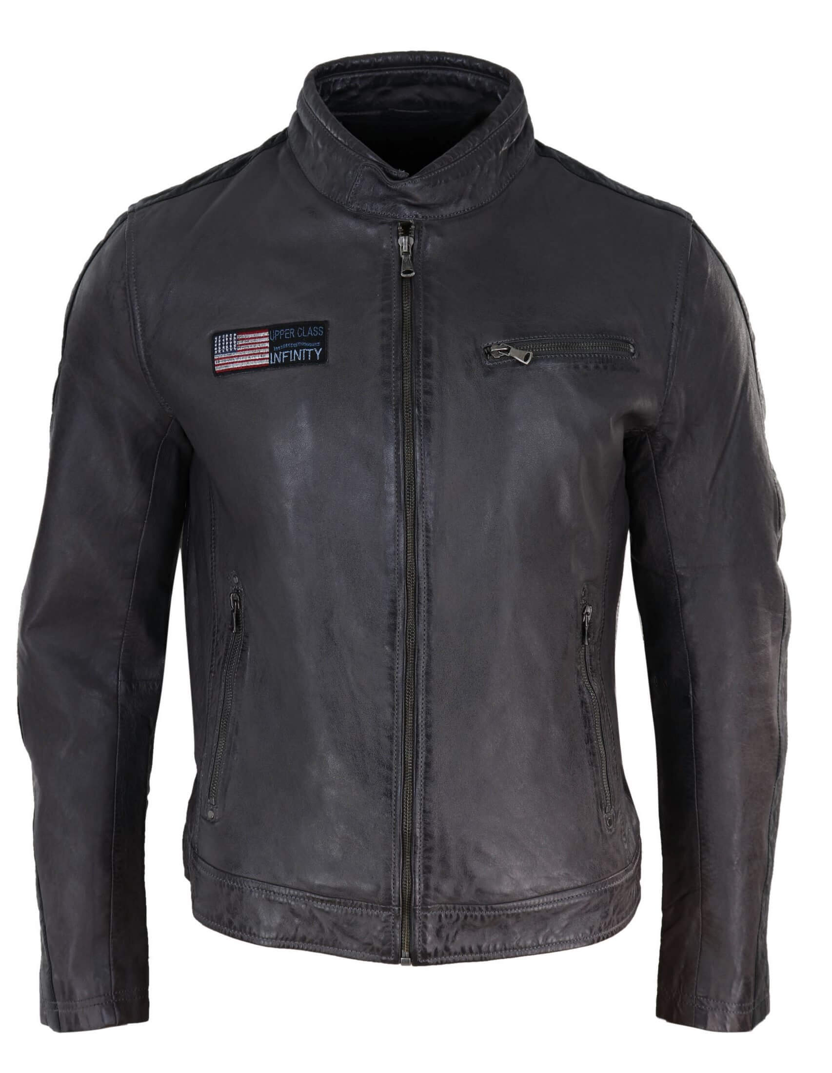 Real Leather Short Racing Mens Grey Jacket