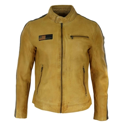 Real Leather Short Racing Mens Yellow Jacket