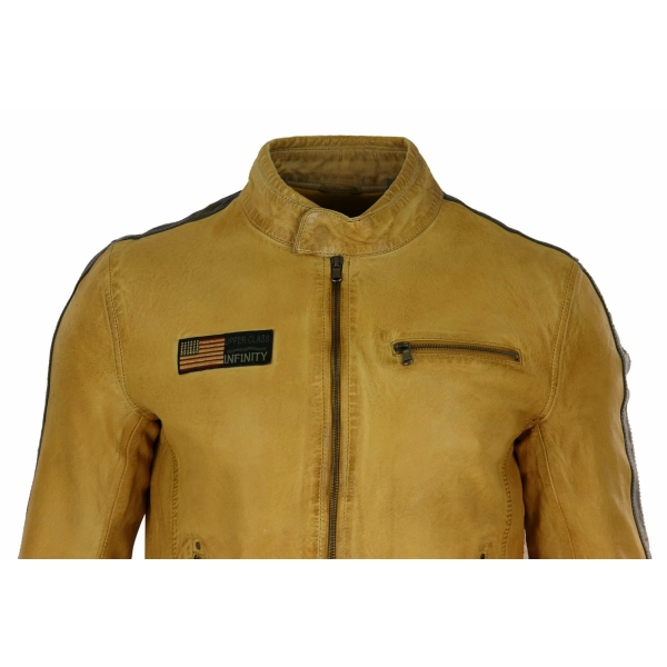 Real Leather Short Racing Mens Yellow Jacket