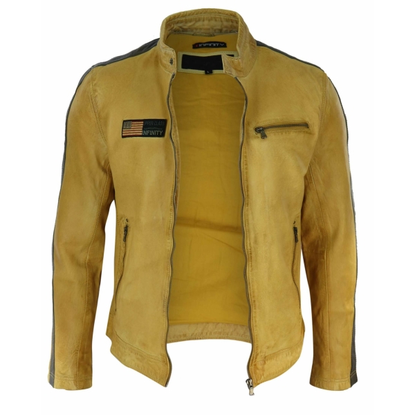 Real Leather Short Racing Mens Yellow Jacket