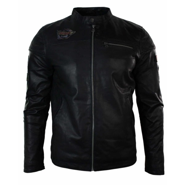 Genuine Real Leather Mens Black Slim Fit Retro Vintage Casual Biker Style Jacket Badges