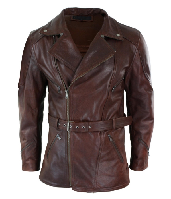 Mens Cross Zip Belted Timber Brown 3/4 Motorcycle Biker Long Leather ...