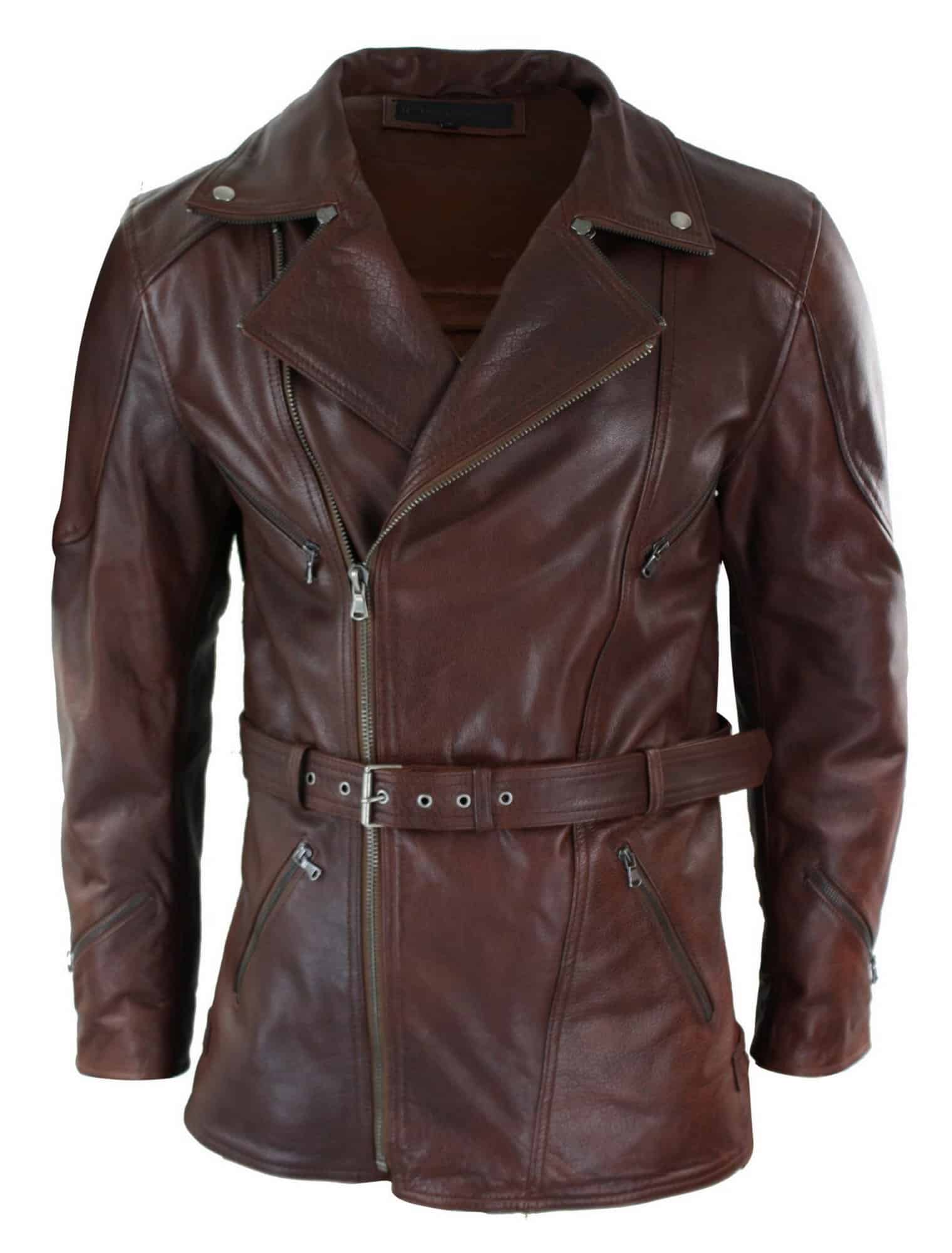 Mens Cross Zip Belted Timber Brown 3/4 Motorcycle Biker Long Leather Jacket CE Armour