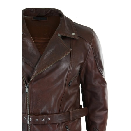 Mens Cross Zip Belted Timber Brown 3/4 Motorcycle Biker Long Leather ...