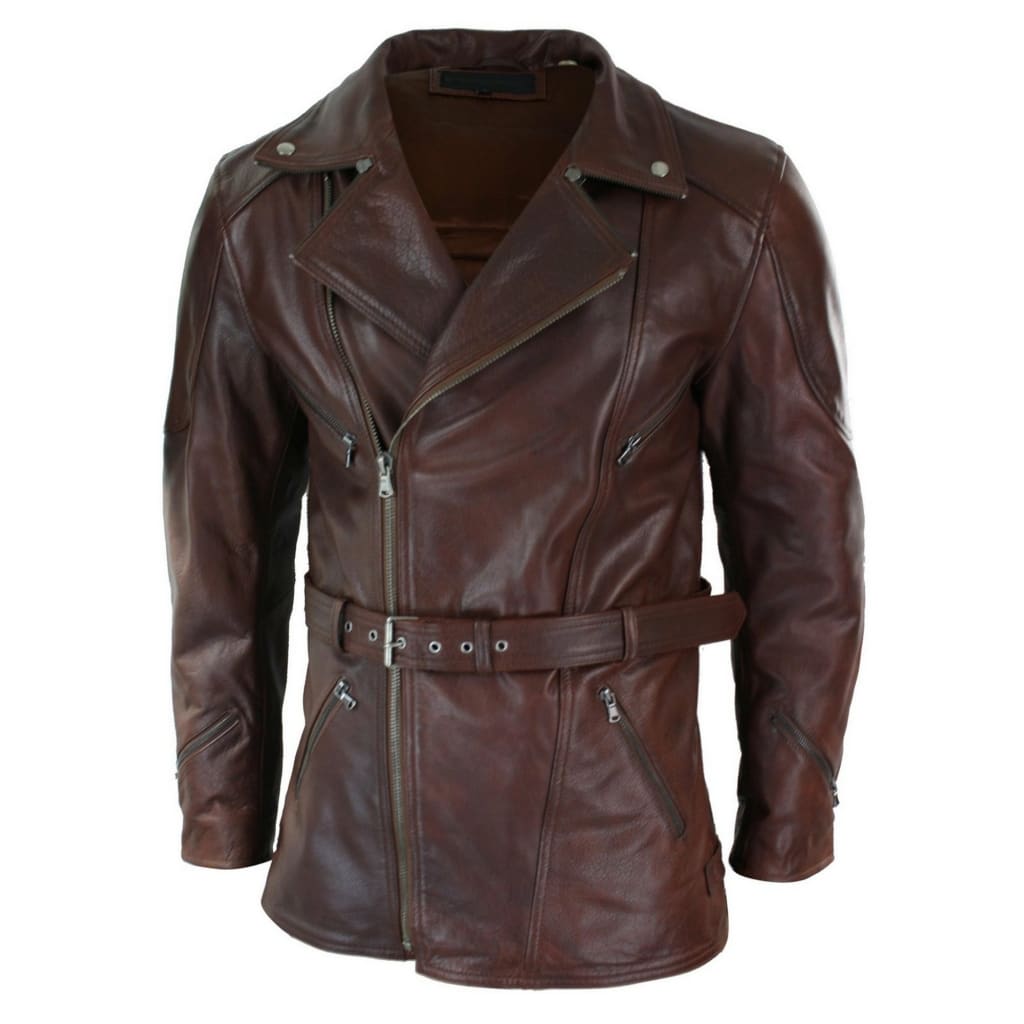 Mens Cross Zip Belted Timber Brown 3/4 Motorcycle Biker Long Leather ...