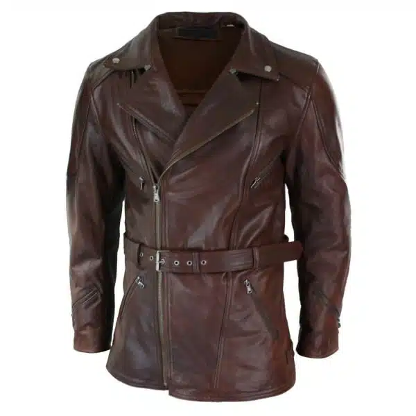 Mens Cross Zip Belted Timber Brown 3/4 Motorcycle Biker Long Leather Jacket CE Armour