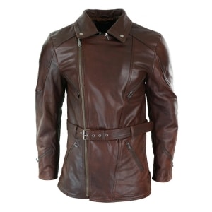 Mens Cross Zip Belted Timber Brown 3/4 Motorcycle Biker Long Leather ...