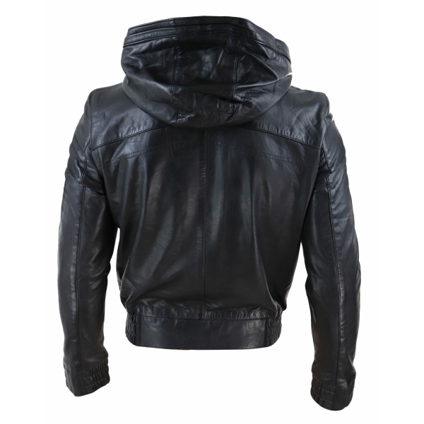Mens Black Leather Bomber Jacket with Hood