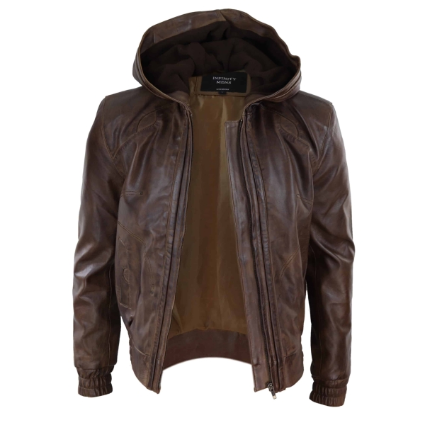 Mens Brown Leather Bomber Jacket with Hood