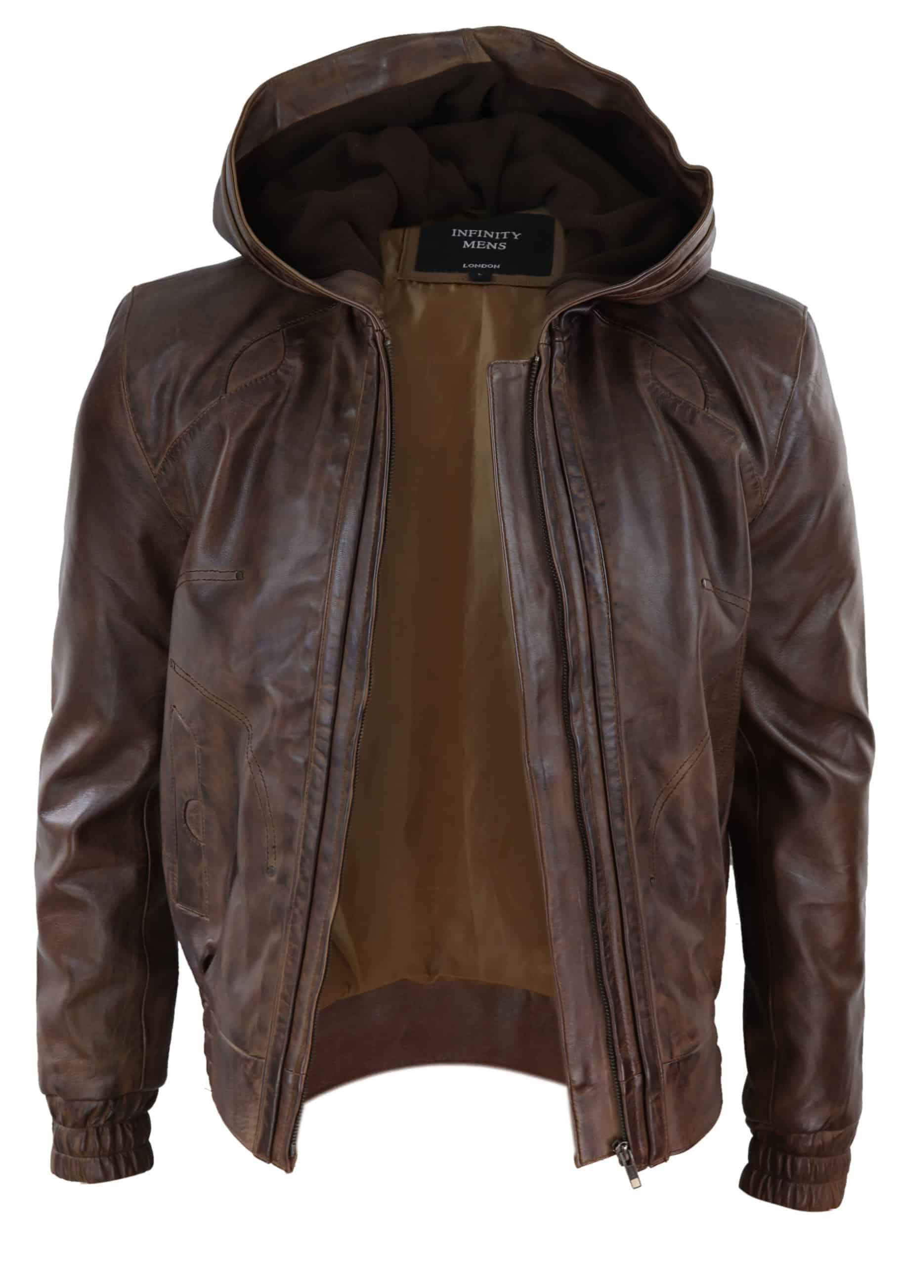 Mens Brown Leather Bomber Jacket with Hood: Buy Online - Happy Gentleman