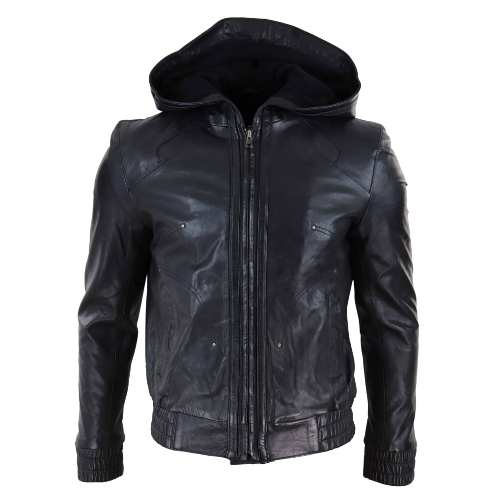 Mens Black Leather Bomber Jacket with Hood: Buy Online - Happy Gentleman