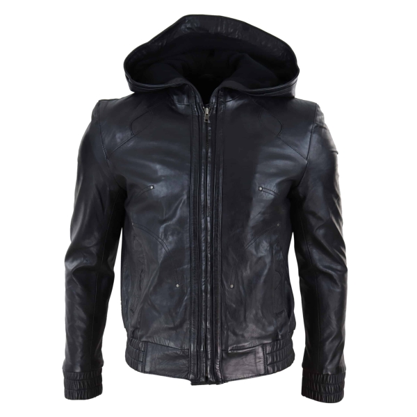 Mens Black Leather Bomber Jacket with Hood