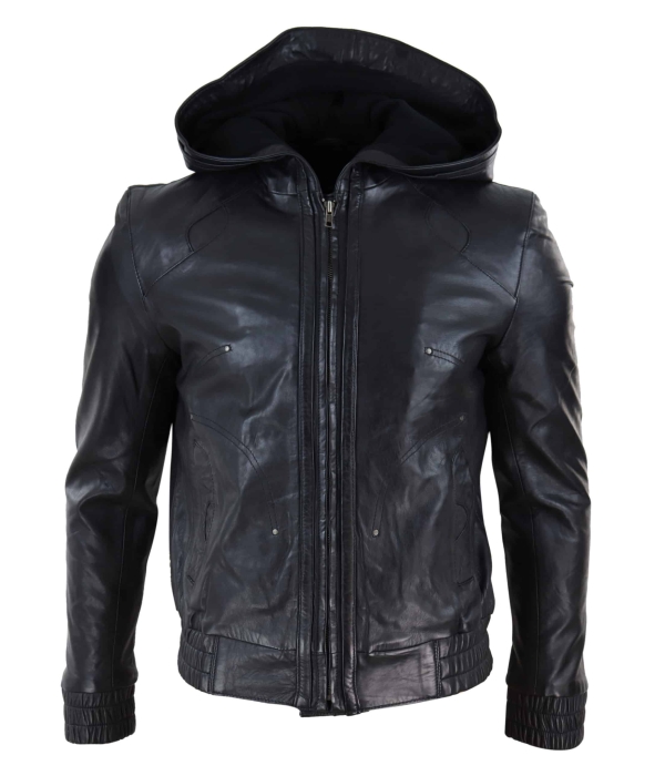 Mens Black Leather Bomber Jacket with Hood