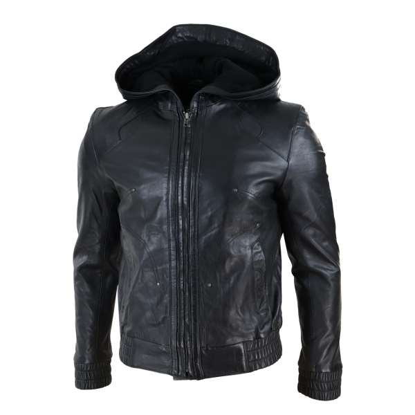 Mens Black Leather Bomber Jacket with Hood: Buy Online - Happy Gentleman