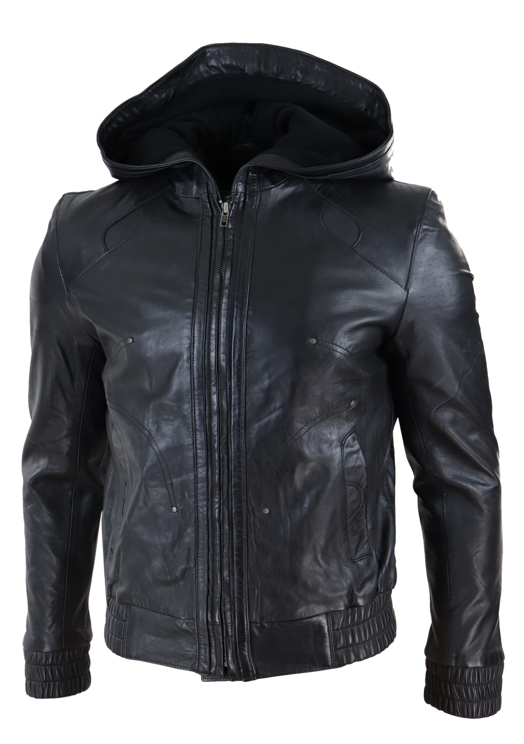 Mens Black Leather Bomber Jacket with Hood: Buy Online - Happy Gentleman