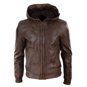 Mens Brown Leather Bomber Jacket with Hood