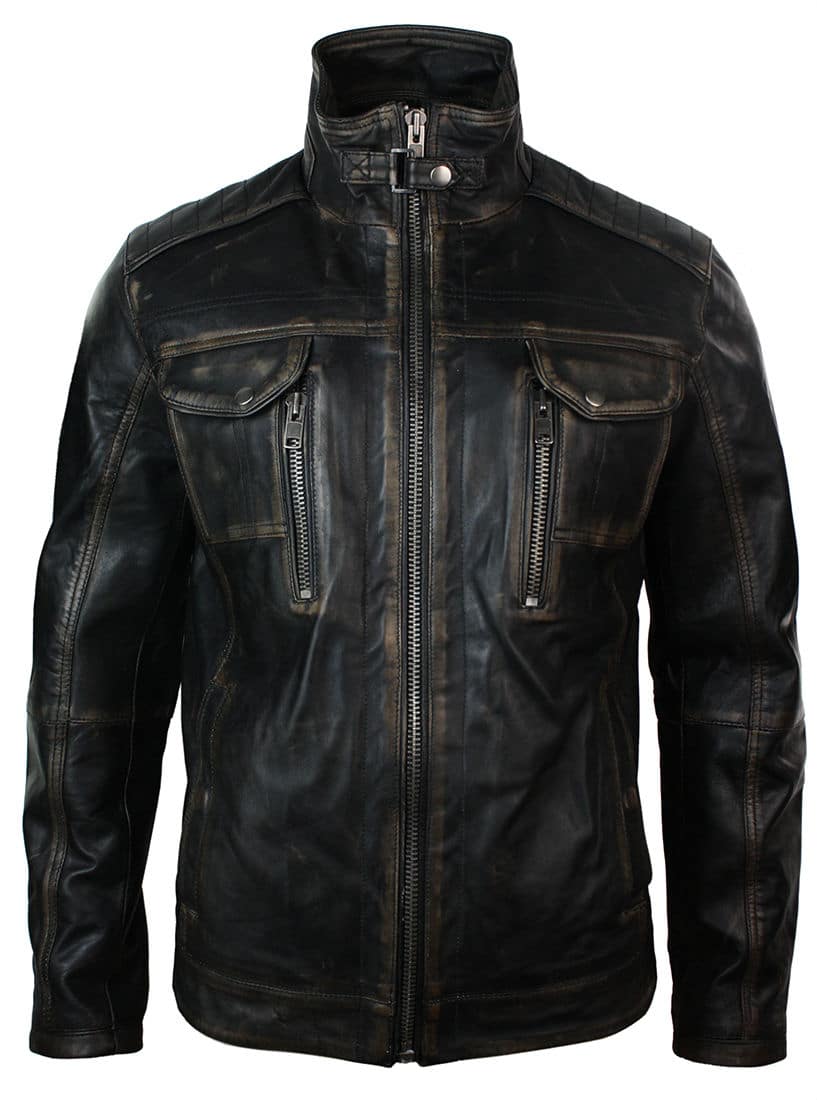 Real Washed Leather Retro Vintage Distressed Jacket Black Rub Off for Men