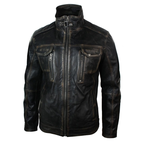 Real Washed Leather Retro Vintage Distressed Jacket Black Rub Off for ...