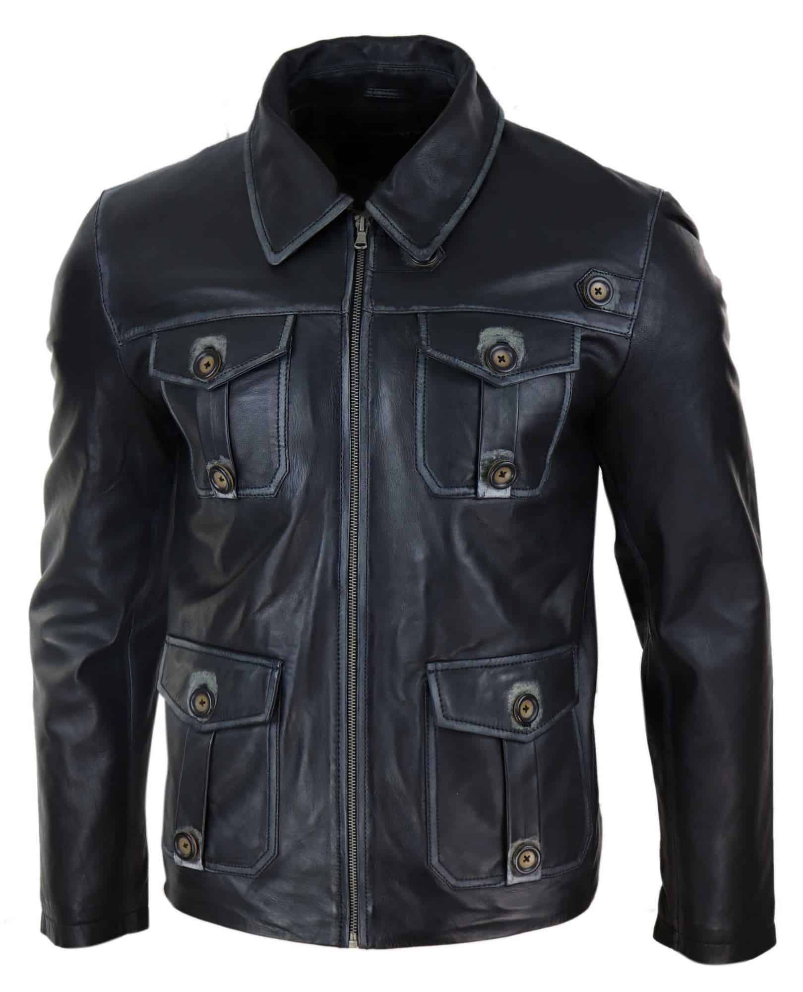 Mens Black Leather Jacket with Racing Stripes - Black Color | Happy ...