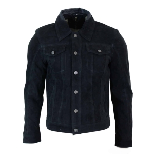 Real Suede Leather Mens Vintage Short Denim Style Retro Jean Jacket Casual – Black Color