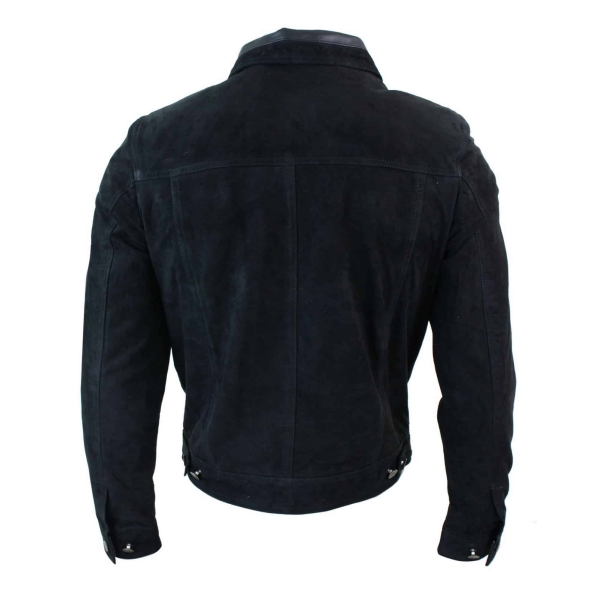 Real Suede Leather Mens Vintage Short Denim Style Retro Jean Jacket Casual - Black Color