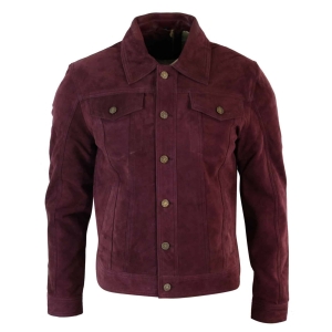 Real Suede Leather Mens Vintage Short Denim Style Retro Jean Jacket Casual – Burgundy Color