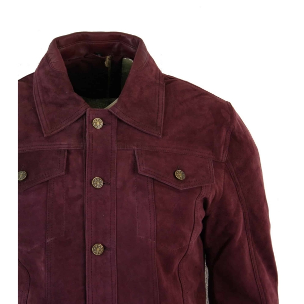 Real Suede Leather Mens Vintage Short Denim Style Retro Jean Jacket Casual - Burgundy Color
