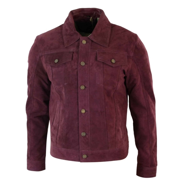 Real Suede Leather Mens Vintage Short Denim Style Retro Jean Jacket Casual - Burgundy Color