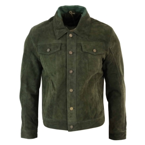 Real Suede Leather Mens Vintage Short Denim Style Retro Jean Jacket Casual – Olive Color