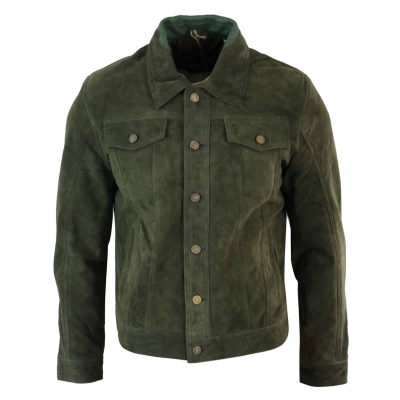 Real Suede Leather Mens Vintage Short Denim Style Retro Jean Jacket Casual - Olive Color