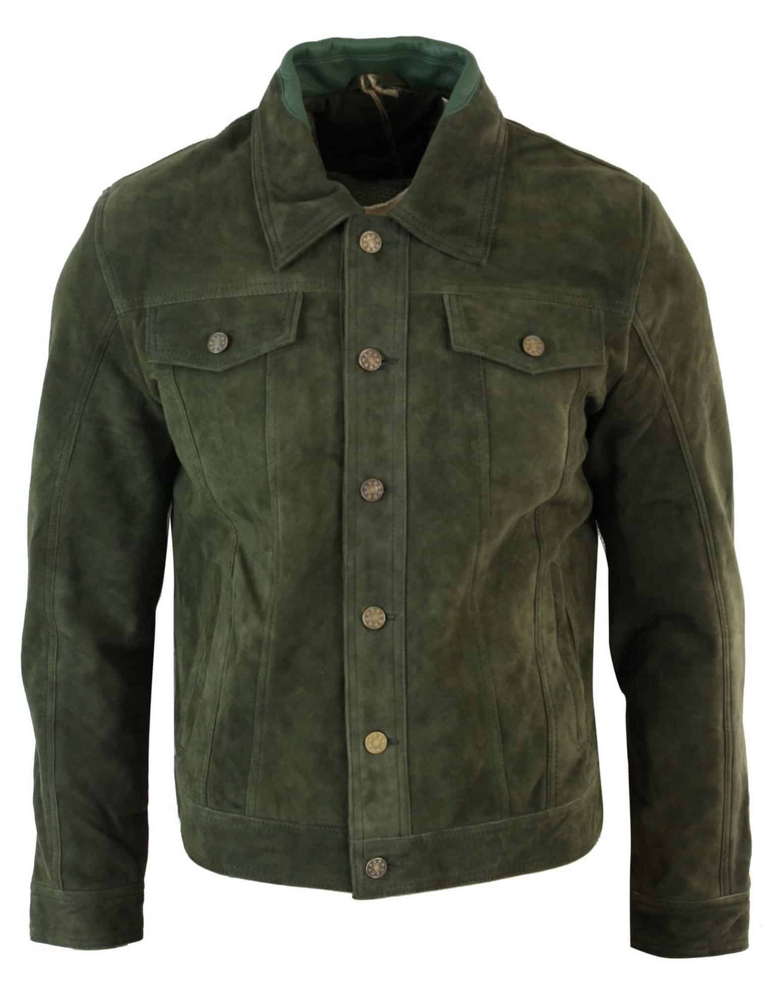 Real Suede Leather Mens Vintage Short Denim Style Retro Jean Jacket Casual - Olive Color