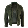 Real Suede Leather Mens Vintage Short Denim Style Retro Jean Jacket Casual - Olive Color