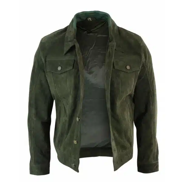 Real Suede Leather Mens Vintage Short Denim Style Retro Jean Jacket Casual - Olive Color