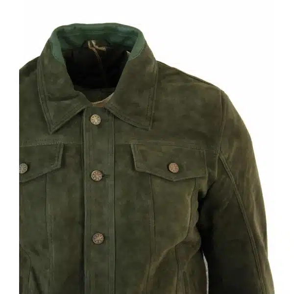 Real Suede Leather Mens Vintage Short Denim Style Retro Jean Jacket Casual - Olive Color