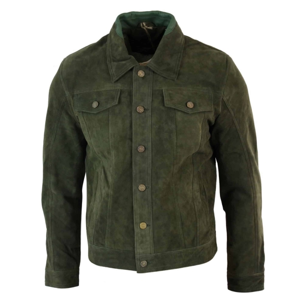Real Suede Leather Mens Vintage Short Denim Style Retro Jean Jacket Casual - Olive Color