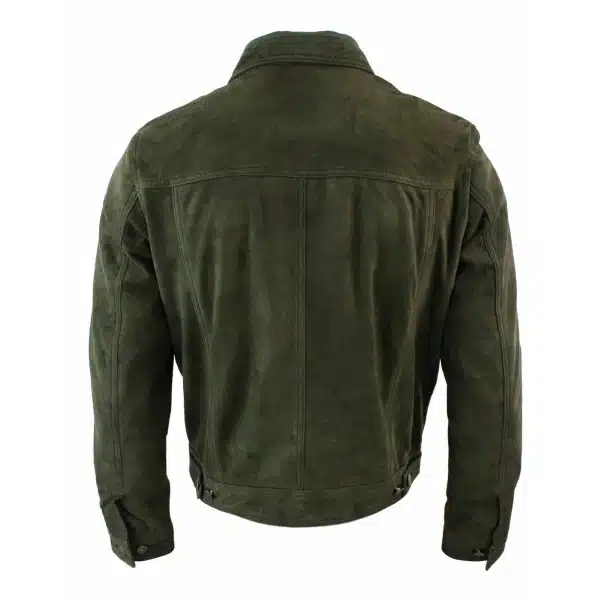 Real Suede Leather Mens Vintage Short Denim Style Retro Jean Jacket Casual - Olive Color
