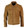 Real Suede Leather Mens Vintage Short Denim Style Retro Jean Jacket Casual - Brown Color