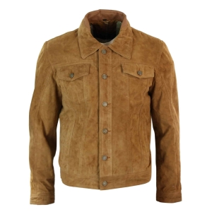 Real Suede Leather Mens Vintage Short Denim Style Retro Jean Jacket Casual – Brown Color