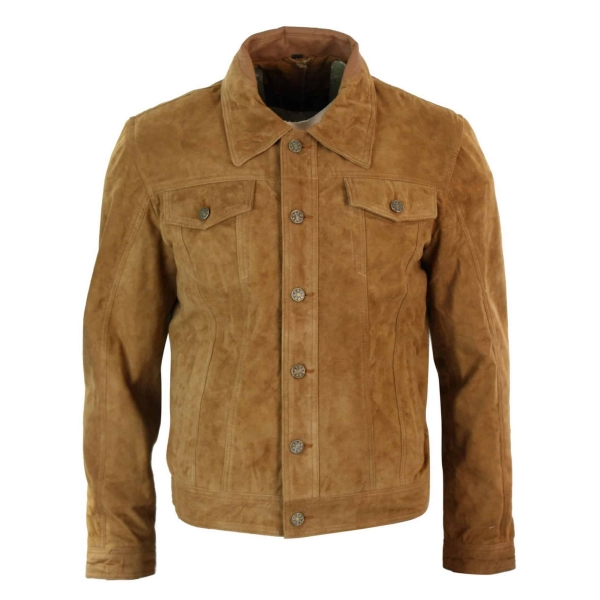 Real Suede Leather Mens Vintage Short Denim Style Retro Jean Jacket Casual - Brown Color
