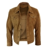 Real Suede Leather Mens Vintage Short Denim Style Retro Jean Jacket Casual - Brown Color