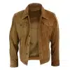 Real Suede Leather Mens Vintage Short Denim Style Retro Jean Jacket Casual - Brown Color