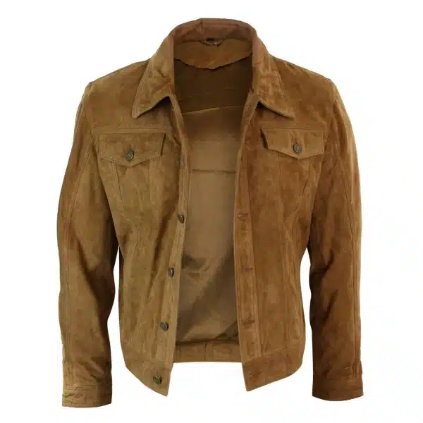 Real Suede Leather Mens Vintage Short Denim Style Retro Jean Jacket Casual - Brown Color