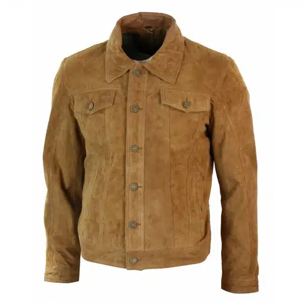 Real Suede Leather Mens Vintage Short Denim Style Retro Jean Jacket Casual - Brown Color