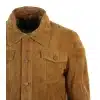 Real Suede Leather Mens Vintage Short Denim Style Retro Jean Jacket Casual - Brown Color