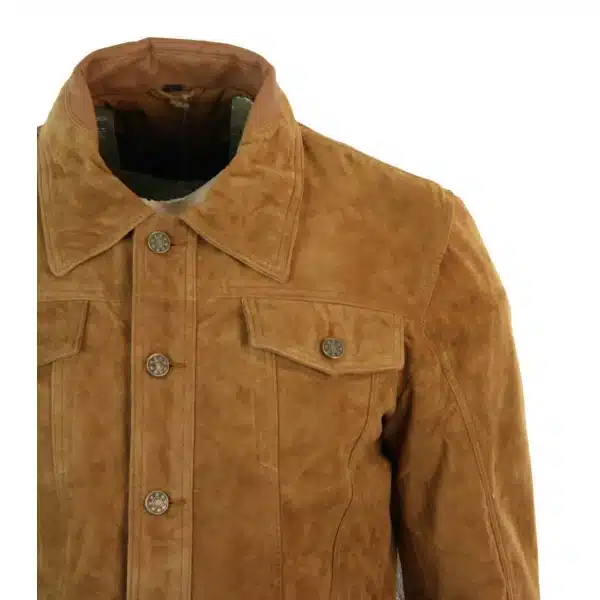 Real Suede Leather Mens Vintage Short Denim Style Retro Jean Jacket Casual - Brown Color