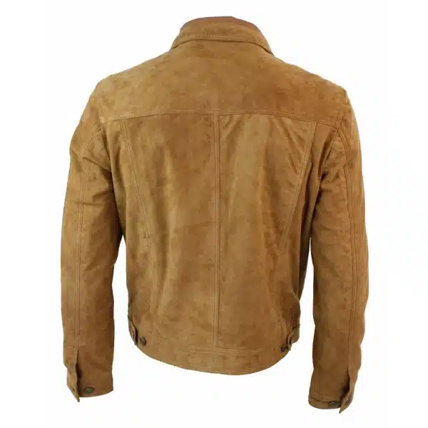 Real Suede Leather Mens Vintage Short Denim Style Retro Jean Jacket Casual - Brown Color