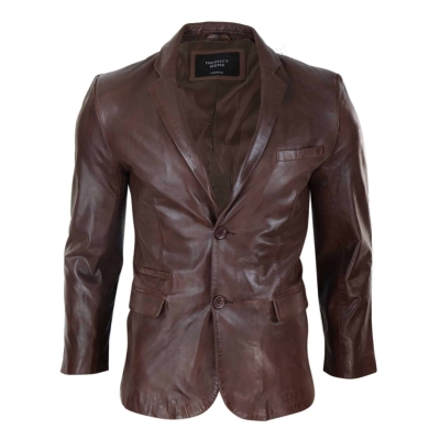 Mens Slim Fit Brown Leather Blazer