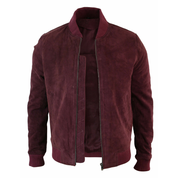 Varsity Mens Real Suede Leather Bomber College Jacket Classic Retro Vintage - Burgundy