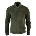 Varsity Mens Real Suede Leather Bomber College Jacket Classic Retro Vintage - Olive - L